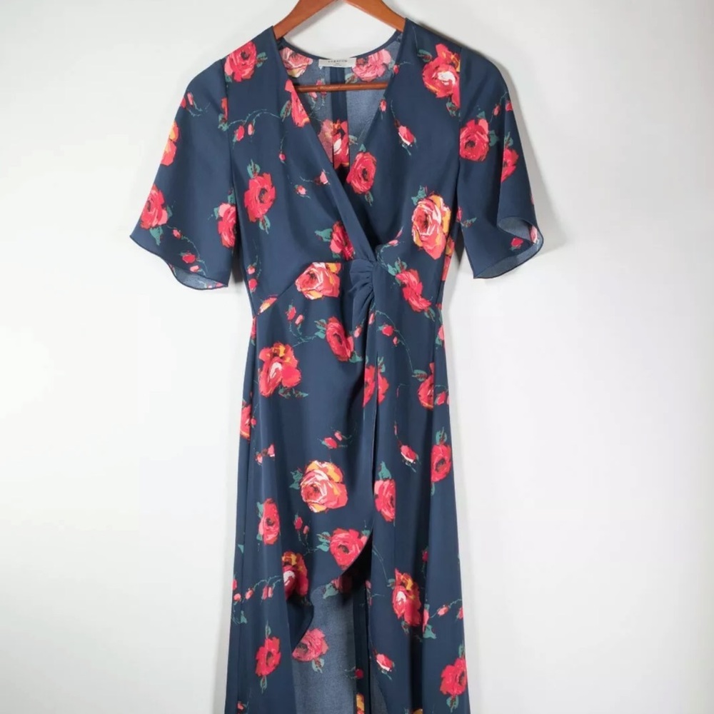 Aritzia Babaton Womens Size 00 XXS Blue Pink Maxi Dress Floral Short Sleeve Wrap